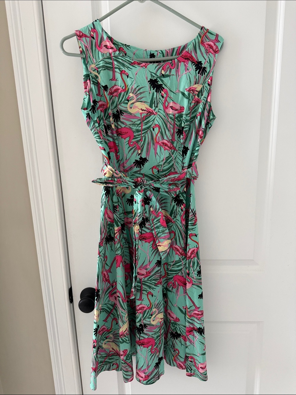 Mint Green cotton Flamingo Print Sleeveless Tie-Waist Dress